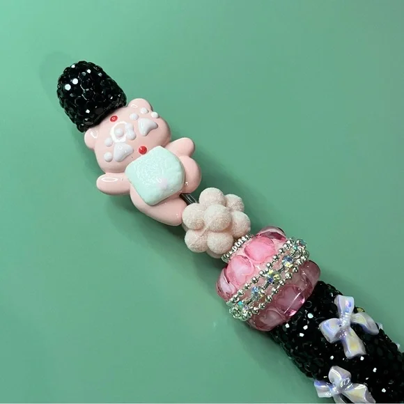 Cute Pink and Black Rhinestone Bow Bear Handmade Beaded Pen - Picture 3 of 6